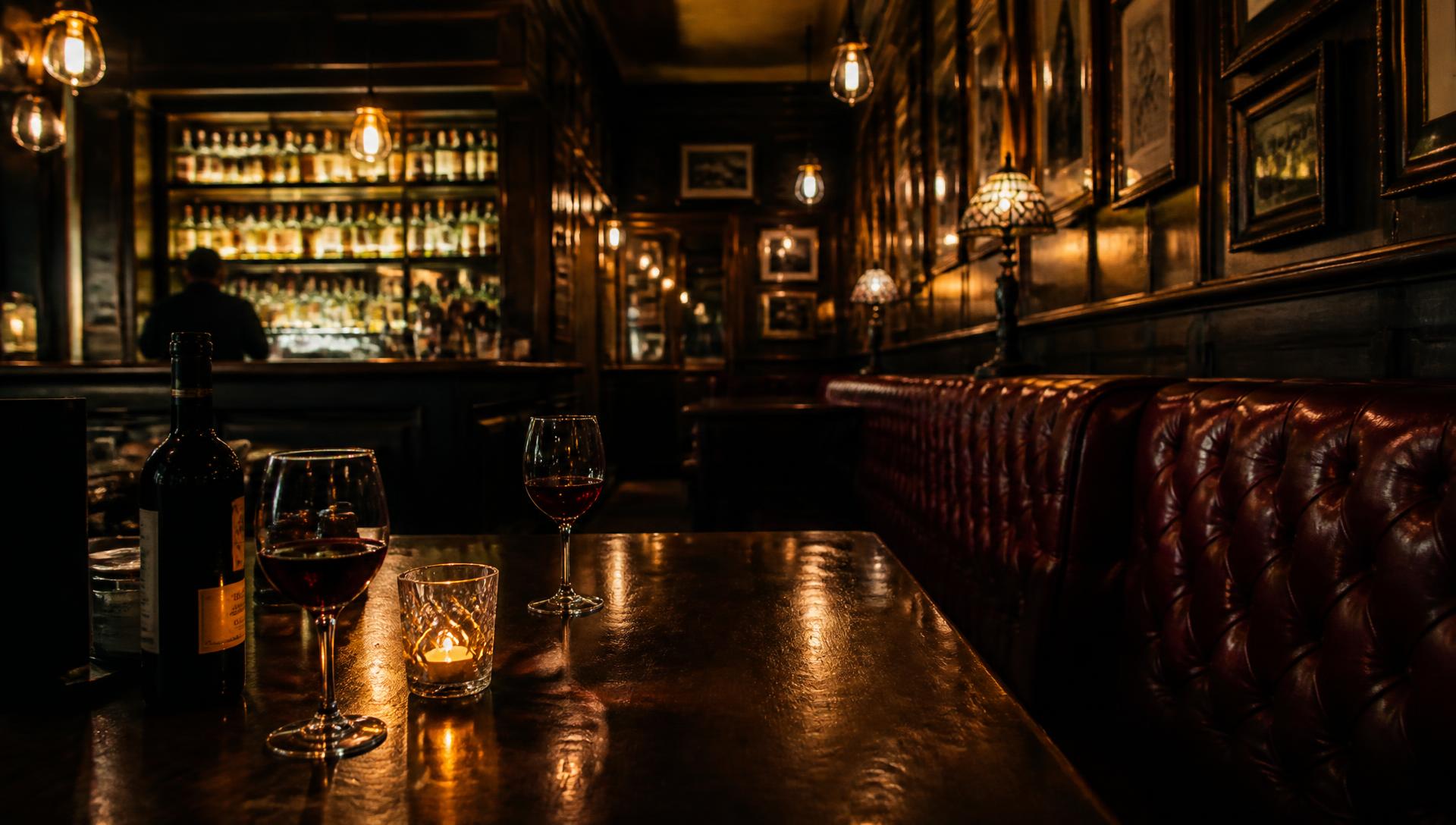 Interiör från Lord Pub med mörk mahogny och röda chesterfieldbås